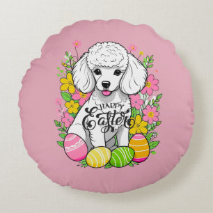 Easter Poodle with flowers Round Pillow