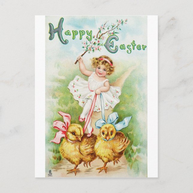 Easter Post Card Girl Riding Chicks (Front)