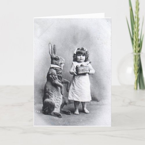 Easter Post Card Huge Rabbit and Sweet Girl