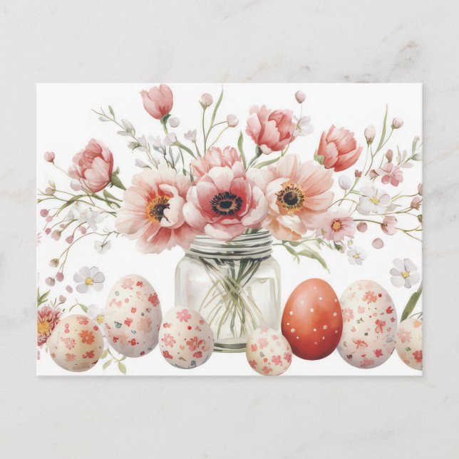 Easter Postcard with Easter Eggs and Flowers (Front)