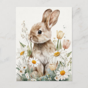 Easter Postcard with Flowers and Easter Bunny