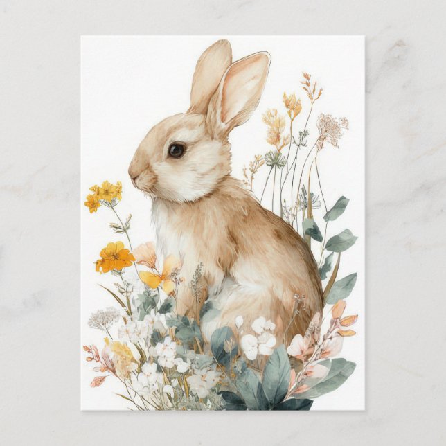 Easter Postcard with Flowers and Easter Bunny (Front)
