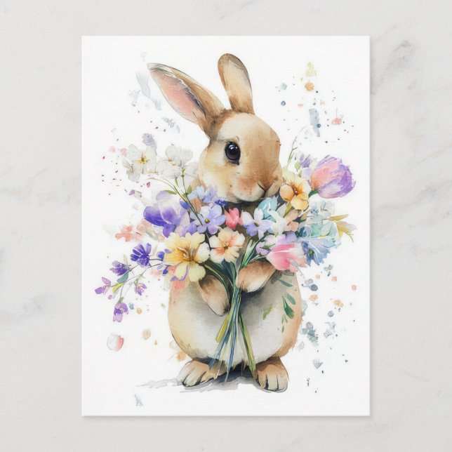 Easter Postcard with Flowers and Easter Bunny (Front)