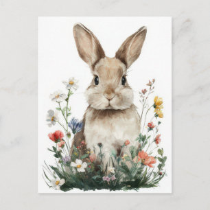 Easter Postcard with Flowers and Easter Bunny