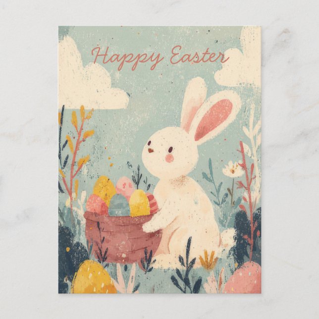 Easter Postcard with Flowers and Easter Bunny (Front)