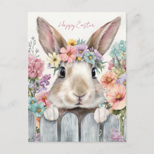 Easter Postcard with Flowers and Easter Bunny (Front)