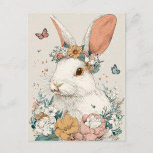 Easter Postcard with Flowers and Easter Bunny