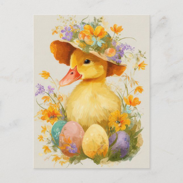 Easter Postcard with Flowers and Easter Duckling (Front)