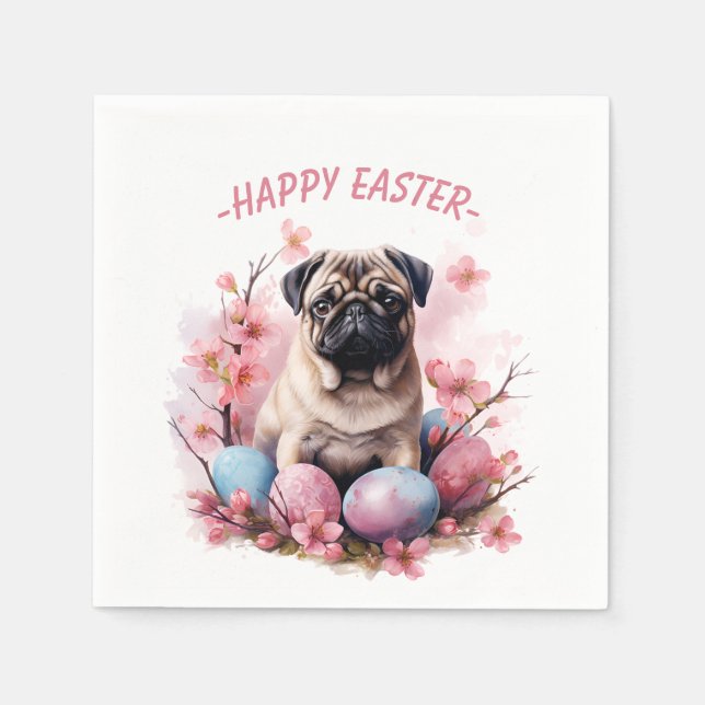 Easter Pug Dog -  Eggs and Flowers -   Napkins (Front)