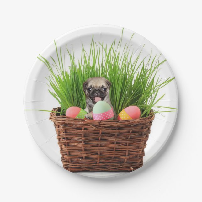 Easter pug dog party paper plates (Front)