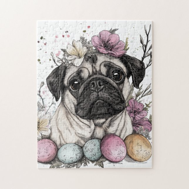 Easter pug watercolor floral  jigsaw puzzle (Vertical)