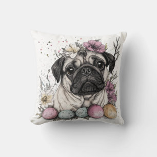 Easter pug watercolor floral throw pillow