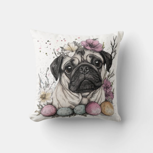 Easter pug watercolor floral  throw pillow (Front)