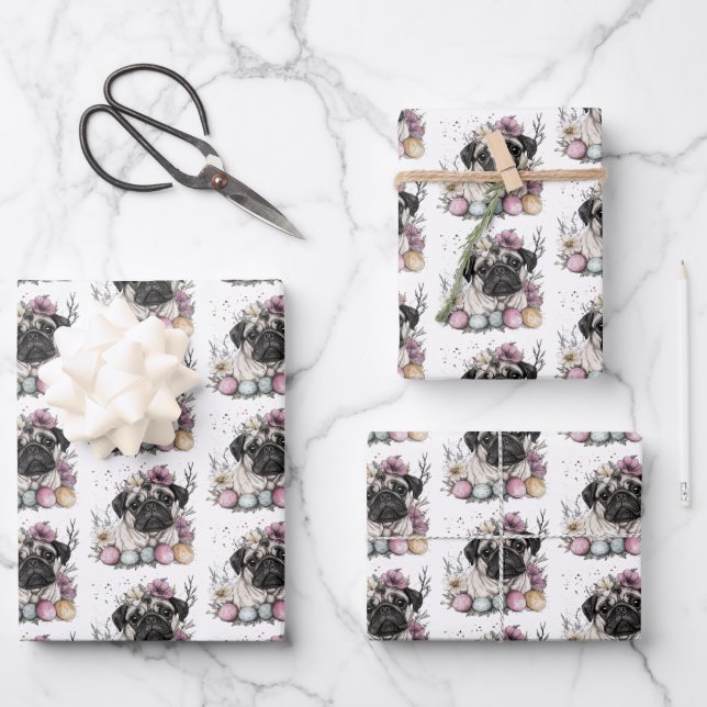 Easter pug watercolor floral wrapping paper sheets (Front)