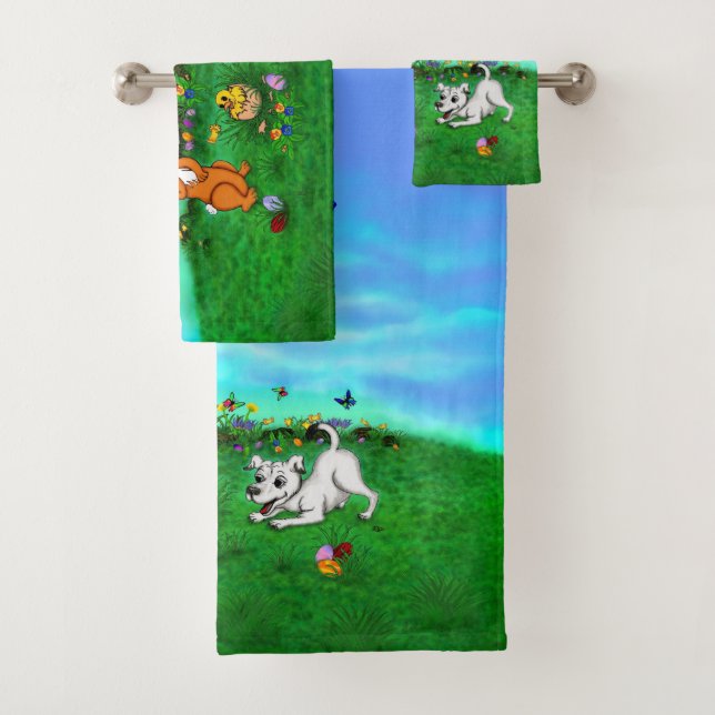 Easter - Puppy Capo with Rabbit and Chick Bath Towel Set (Insitu)