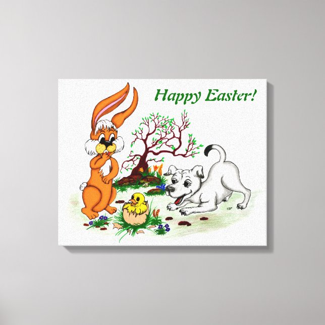 Easter - Puppy Capo with Rabbit and Chick Canvas Print (Front)