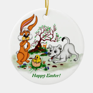 Easter - Puppy Capo with Rabbit and Chick Ceramic Ornament