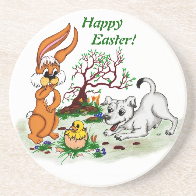 Easter - Puppy Capo with Rabbit and Chick Coaster (Front)