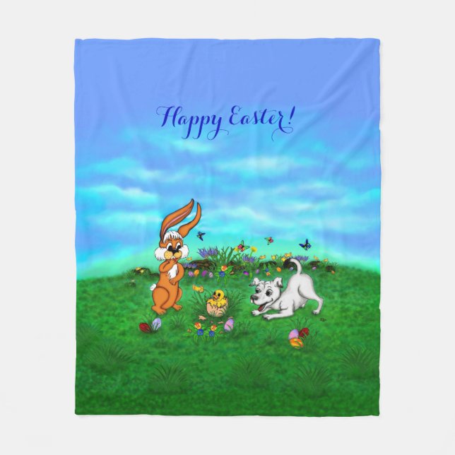 Easter - Puppy Capo with Rabbit and Chick Fleece Blanket (Front)
