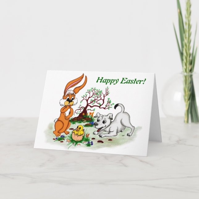 Easter - Puppy Capo with Rabbit and Chick Holiday Card (Front)