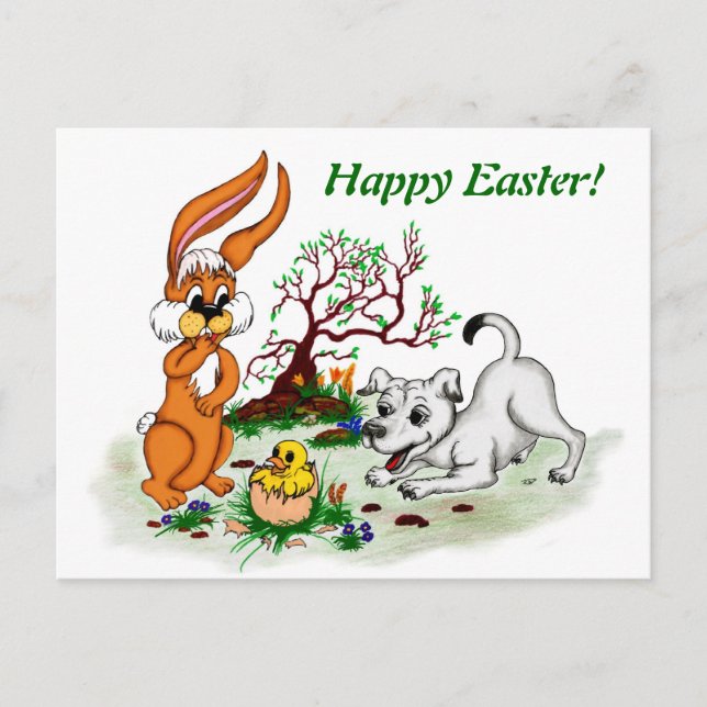 Easter - Puppy Capo with Rabbit and Chick Holiday Postcard (Front)