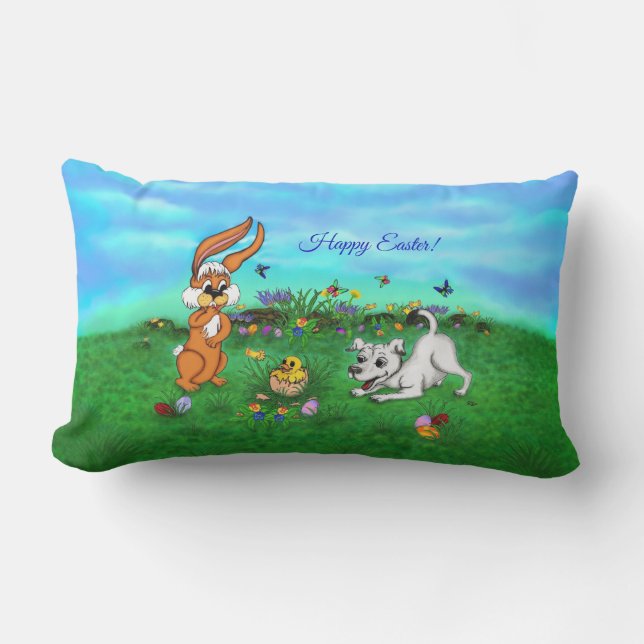 Easter - Puppy Capo with Rabbit and Chick Lumbar Pillow (Front)