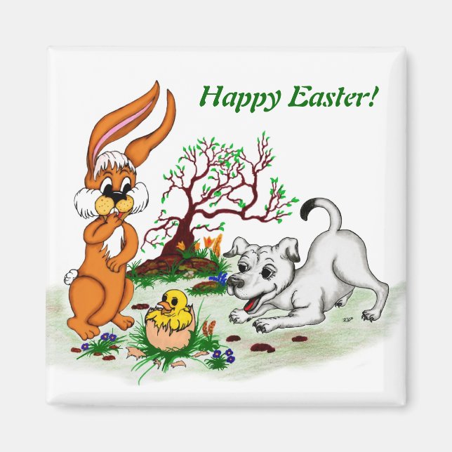 Easter - Puppy Capo with Rabbit and Chick Magnet (Front)