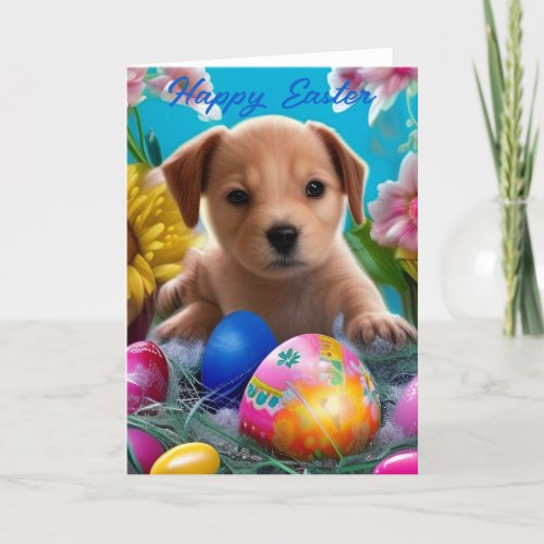 Easter Puppy Flowers and Eggs Holiday  Announcement