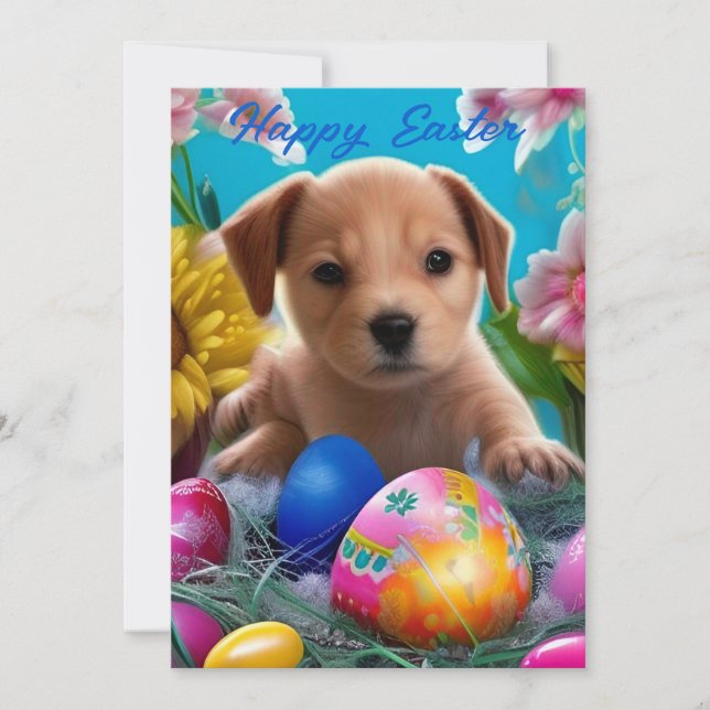 Easter Puppy Flowers and Eggs  Holiday Card (Front)