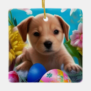 Easter Puppy Flowers and Eggs Holiday Ceramic Ornament