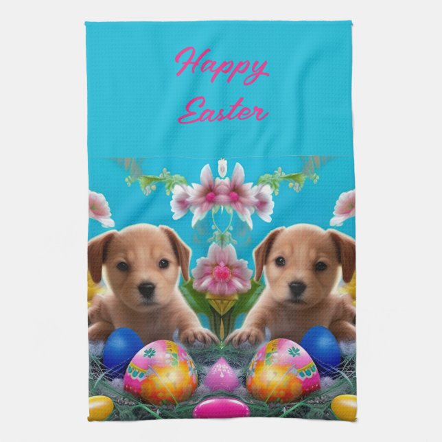 Easter Puppy Flowers and Eggs Kitchen Towel (Vertical)