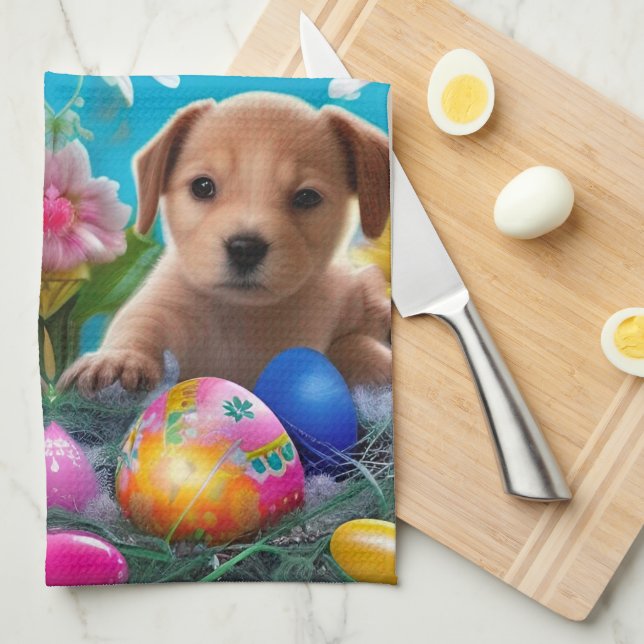 Easter Puppy Flowers and Eggs  Kitchen Towel (Quarter Fold)