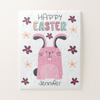 Easter puzzle with pink bunny and flowers for kids
