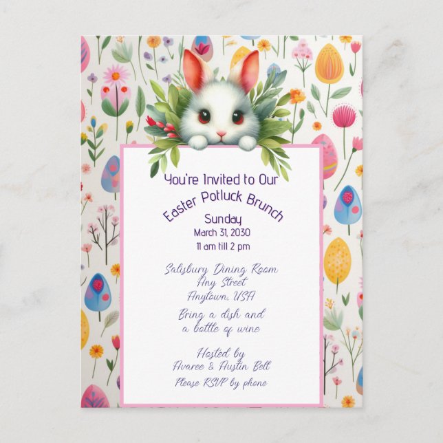 Easter Rabbit and Eggs Potluck Brunch Invitation (Front)