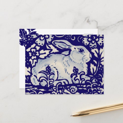 Easter Rabbit Artistic Bunny  Blue White Floral Holiday Postcard