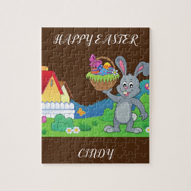 Easter rabbit, basket & house puzzle personalized. (Vertical)