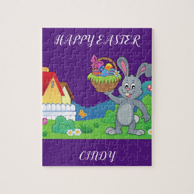 Easter rabbit, basket & house puzzle personalized. (Vertical)