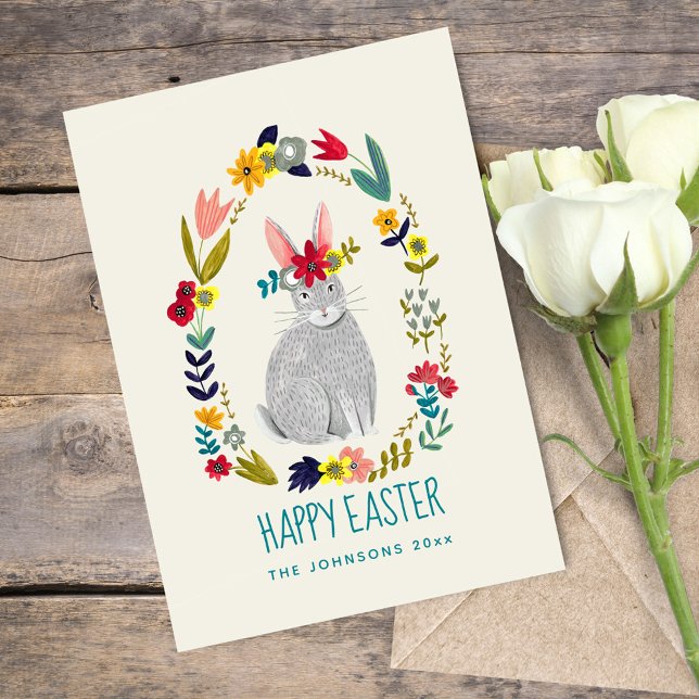 Easter rabbit bunny gray floral drawing card (Creator Uploaded)