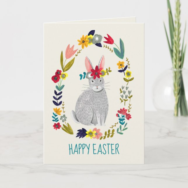 Easter rabbit bunny gray floral drawing card (Front)