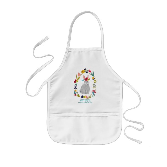 Easter rabbit bunny grey floral drawing kids' apron (Front)