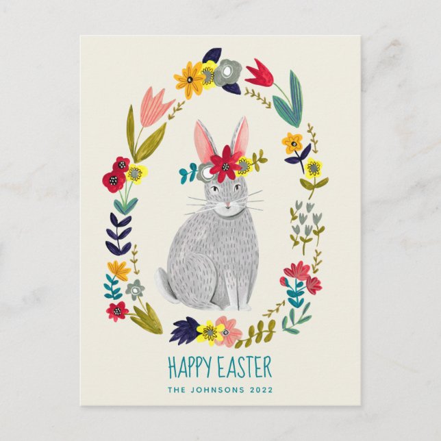 Easter rabbit bunny grey floral drawing postcard (Front)