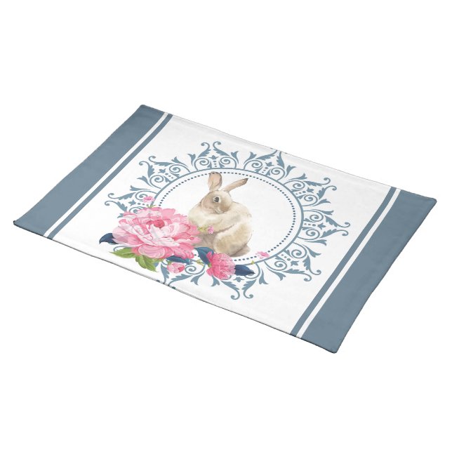 Easter Rabbit Floral design Cloth Placemat (On Table)