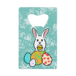 Easter Rabbit Holding a Banner on Easter Eggs Credit Card Bottle Opener