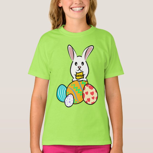 Easter Rabbit Holding a Banner on Easter Eggs T-Shirt (Front)