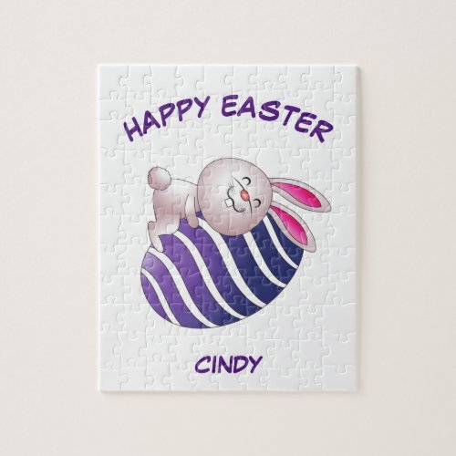 Easter rabbit hugging a striped egg puzzle jigsaw puzzle