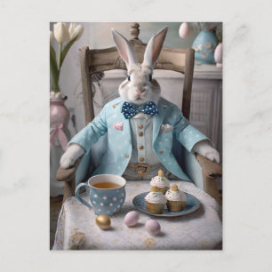 Easter rabbit in a blue coat and bow tie postcard