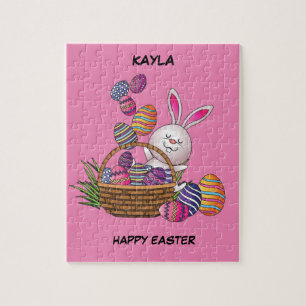 Easter rabbit in basket with eggs puzzle. jigsaw puzzle