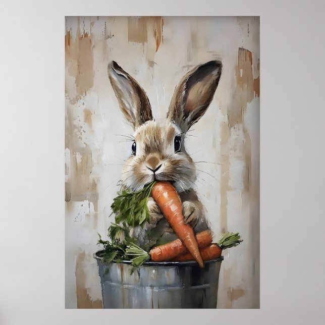 Easter Rabbit In Bucket Of Carrots Print, Spring Poster (Front)