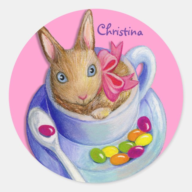 Easter Rabbit in Tea Cup Customizable Name Classic Round Sticker (Front)