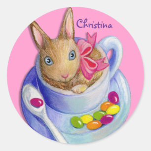 Easter Rabbit in Tea Cup Customizable Name Classic Round Sticker